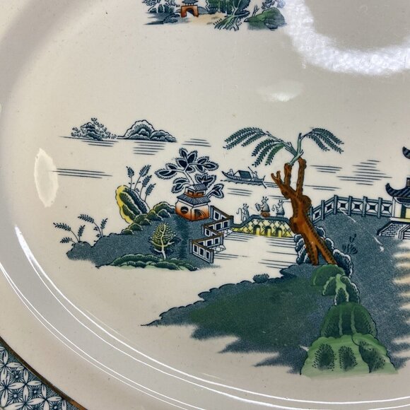 Wood & Sons Large Platter Pekin Blue Willow Gold Trim England SemiPorcelain 1907 - Picture 5 of 16